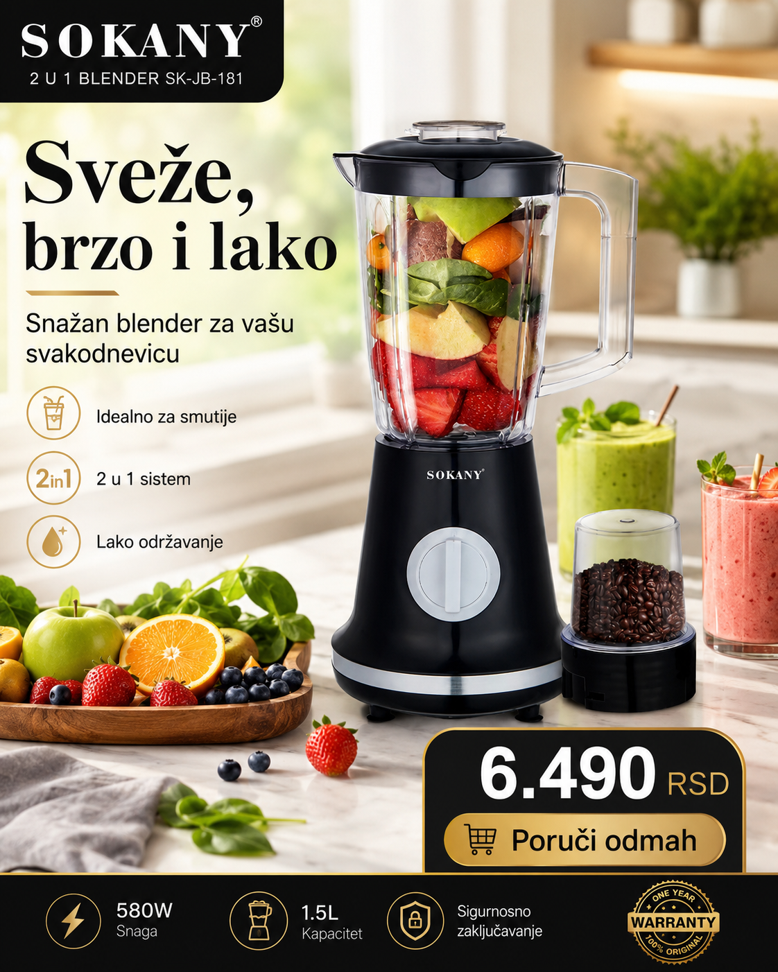 SOKANY BlendPro 2u1 – Blender + mlin za svakodnevnu pripremu | 1.5 L