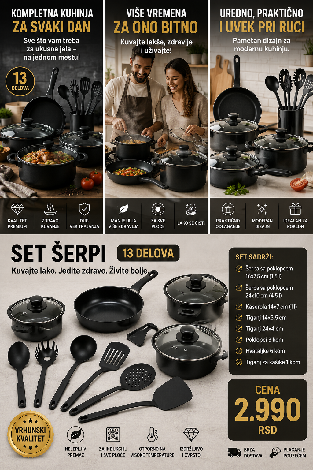 Premium set posuđa 13 delova – šerpe, tiganji, poklopci i kuhinjski pribor