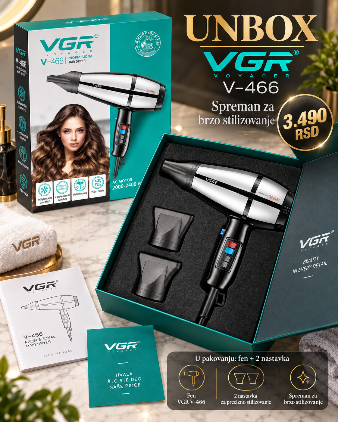 Fen za brzo sušenje i oblikovanje kose 2000–2400W sa 2 nastavka -- PROFESIONALNI PREMIUM -- VGR V-466