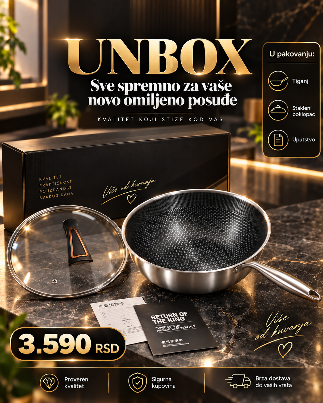 Duboki tiganj sa saćastom površinom za prženje, dinstanje i kuvanje -- PREMIUM DELUXE -- Model sa staklenim poklopcem