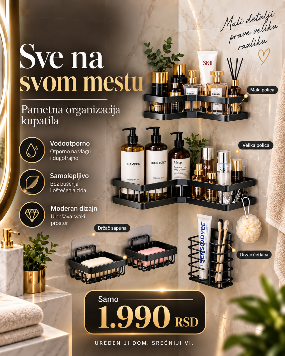 5-delni samolepljivi set za organizaciju kupatila bez bušenja -- PREMIUM DELUXE -- LuxeBath 5