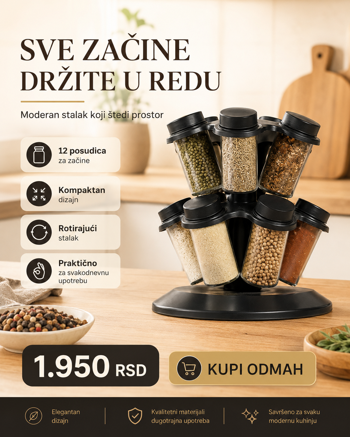 Rotirajući stalak za začine 12u1 – 12 posudica, 360° organizacija za kuhinju