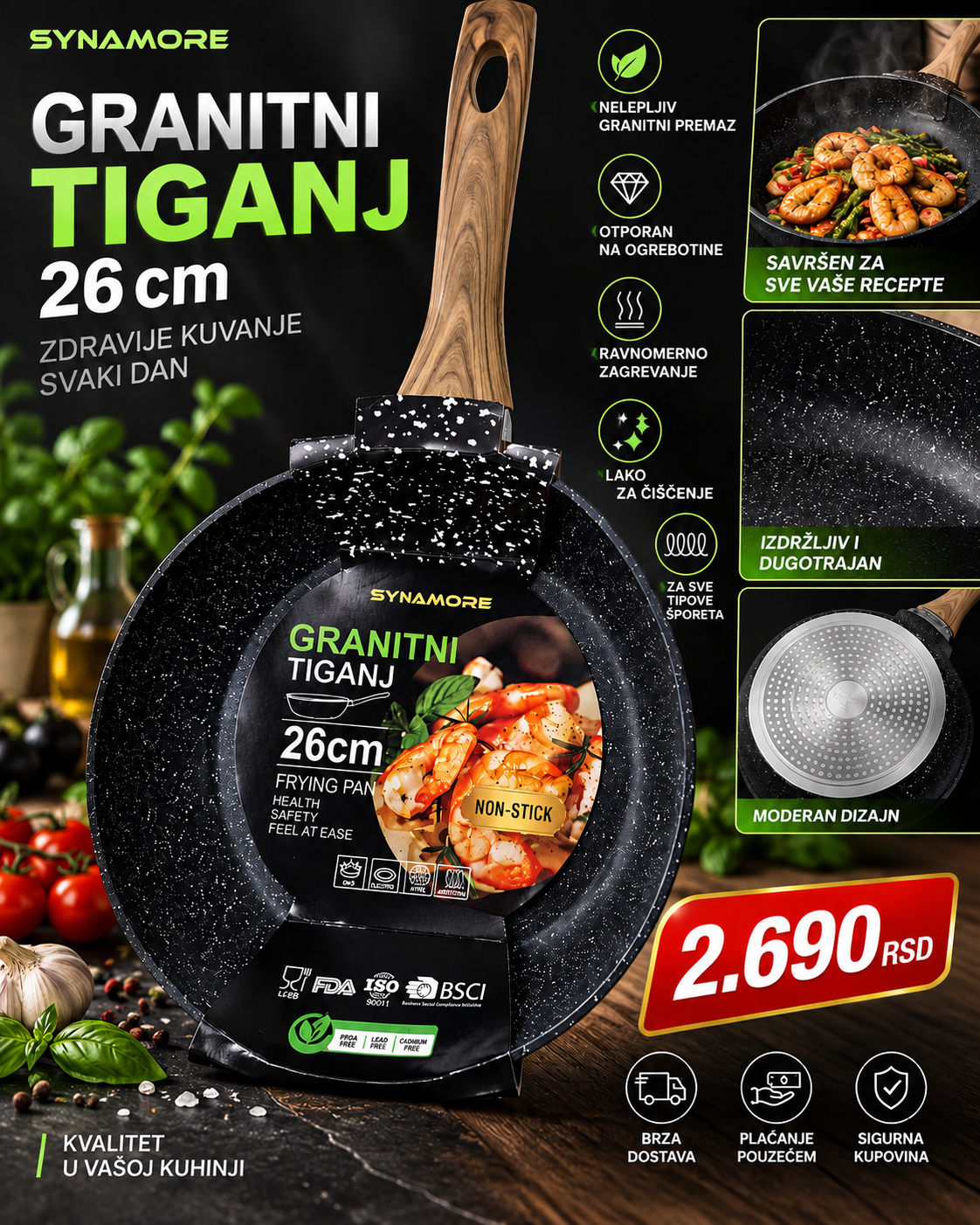 SYNAMORE Granitni Tiganj 26 cm – Nelepljivi Premaz i Premium Dizajn