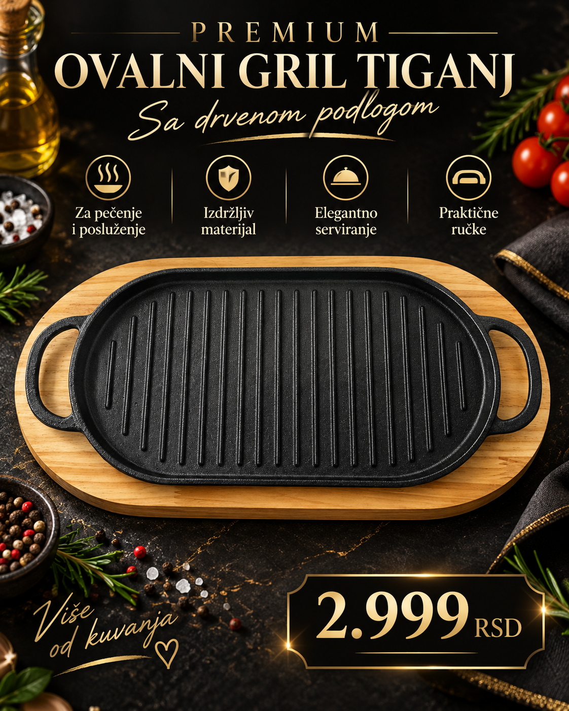 Ovalna Grill Posuda od Livenog Gvožđa sa Drvenim Podmetačem – Za Pečenje i Serviranje