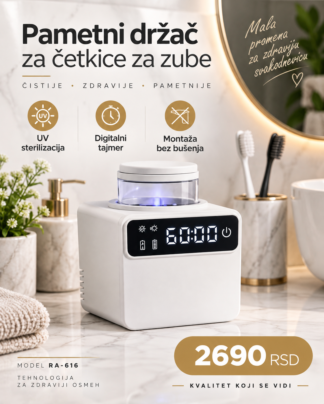Zidni Organizator za Četkice sa UV Sterilizacijom i Digitalnim Prikazom