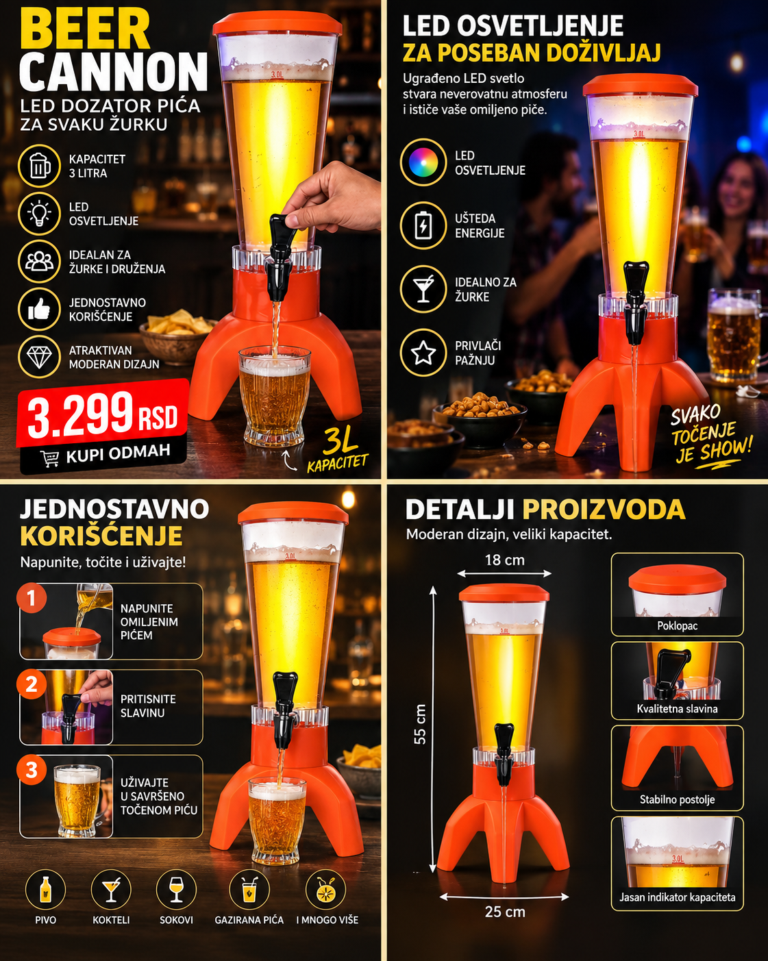 LED Speaker Beer Cannon 3 L – Dispanzer za Piće sa LED Efektom i Zvučnikom