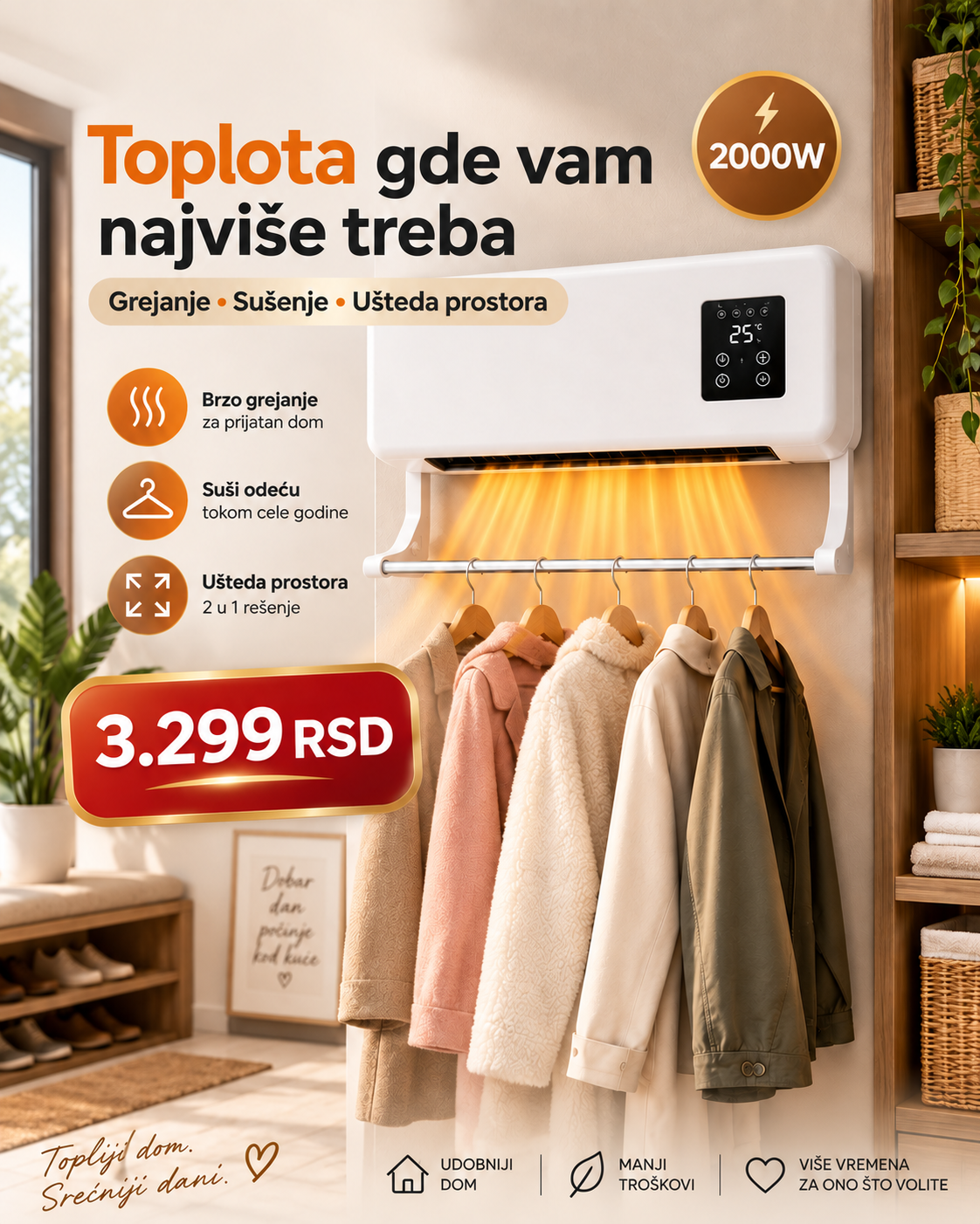 Zidna 2u1 grejalica 2000W sa ventilacijom i šipkom za sušenje odeće