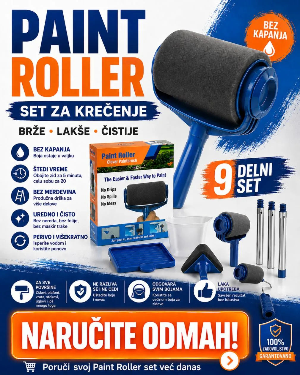 Paint Roller Set za Krečenje – Valjak bez Kapanja sa Nastavcima