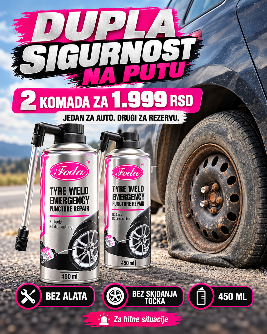 FODA sprej za reparaciju guma - 2 komada za 1.999 RSD