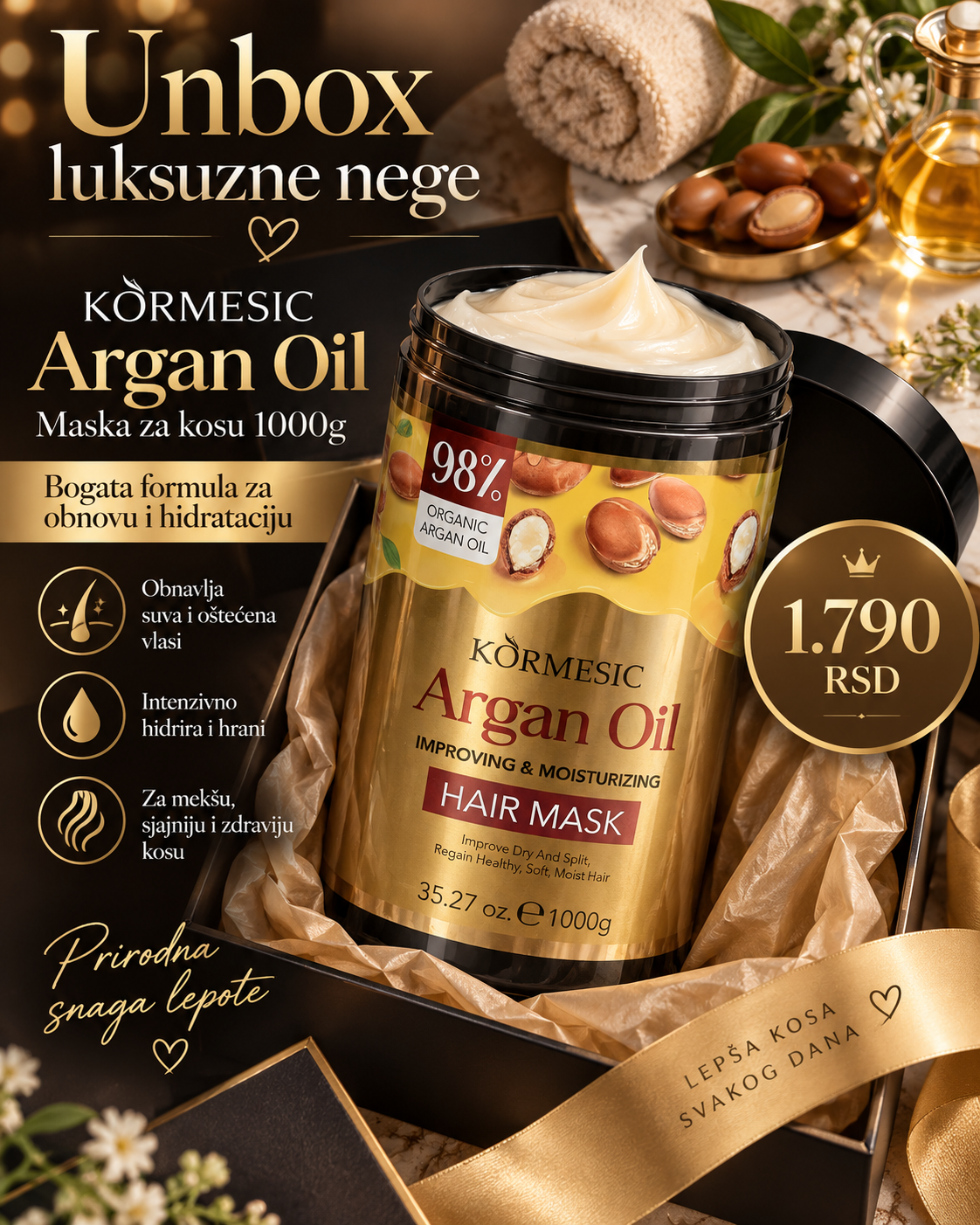 KORMESIC Argan Oil Hair Mask 1000g - unbox prikaz