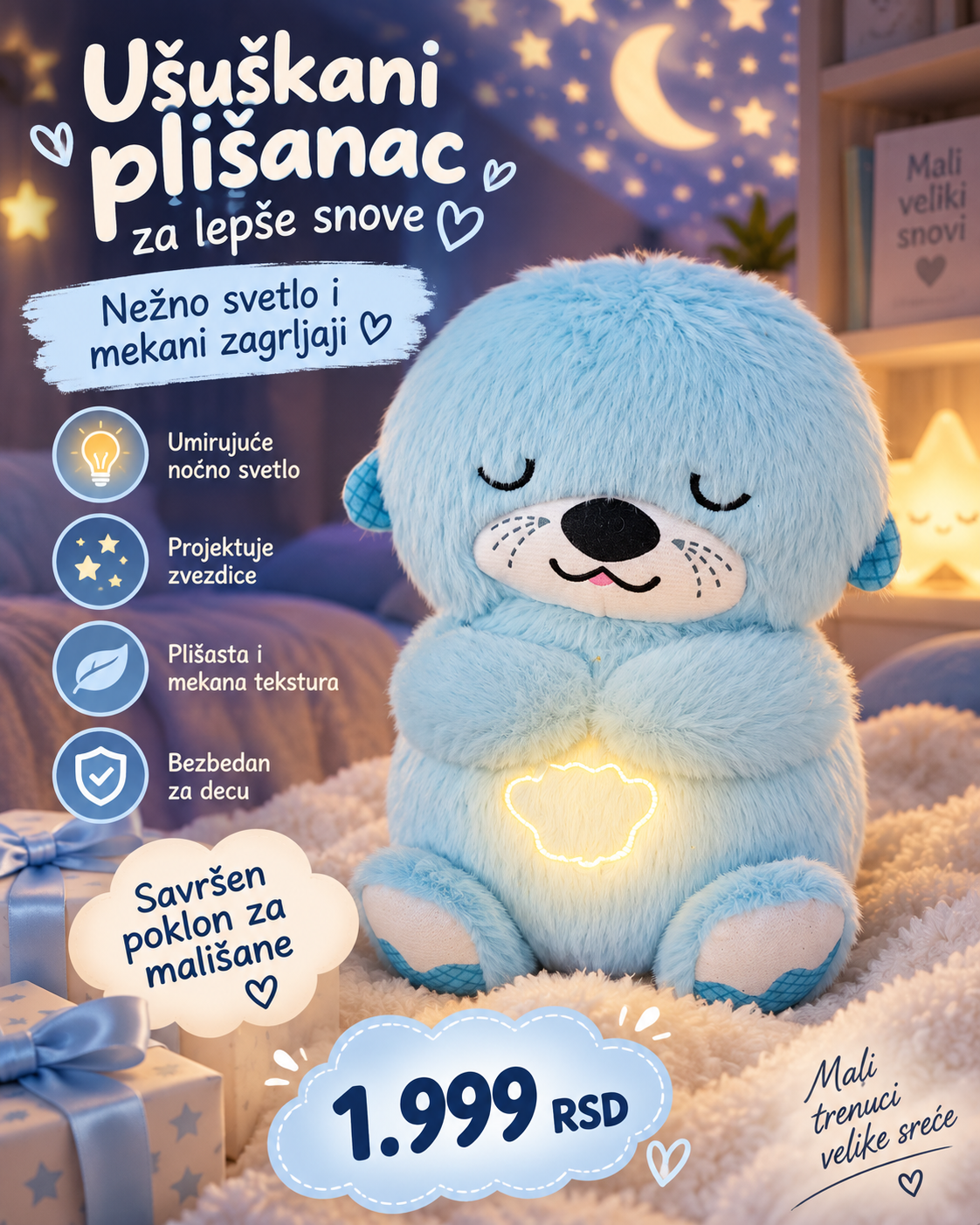 Ušuškani plavi plišanac sa noćnim svetlom