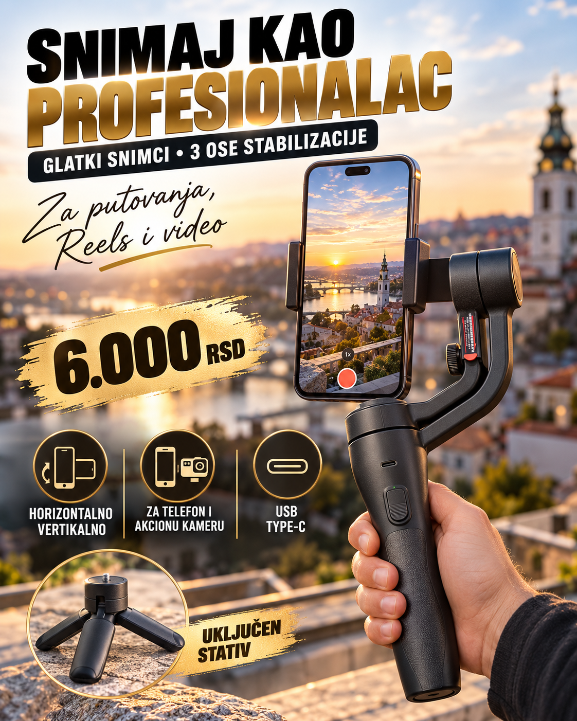 Premium 3-osni gimbal stabilizator za telefon i akcionu kameru sa USB Type-C punjenjem i uključenim stativom