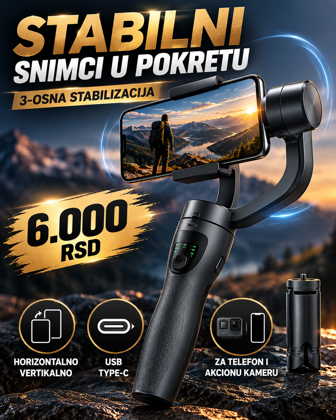 Premium 3-osni stabilizator za horizontalno i vertikalno snimanje telefonom i akcionom kamerom