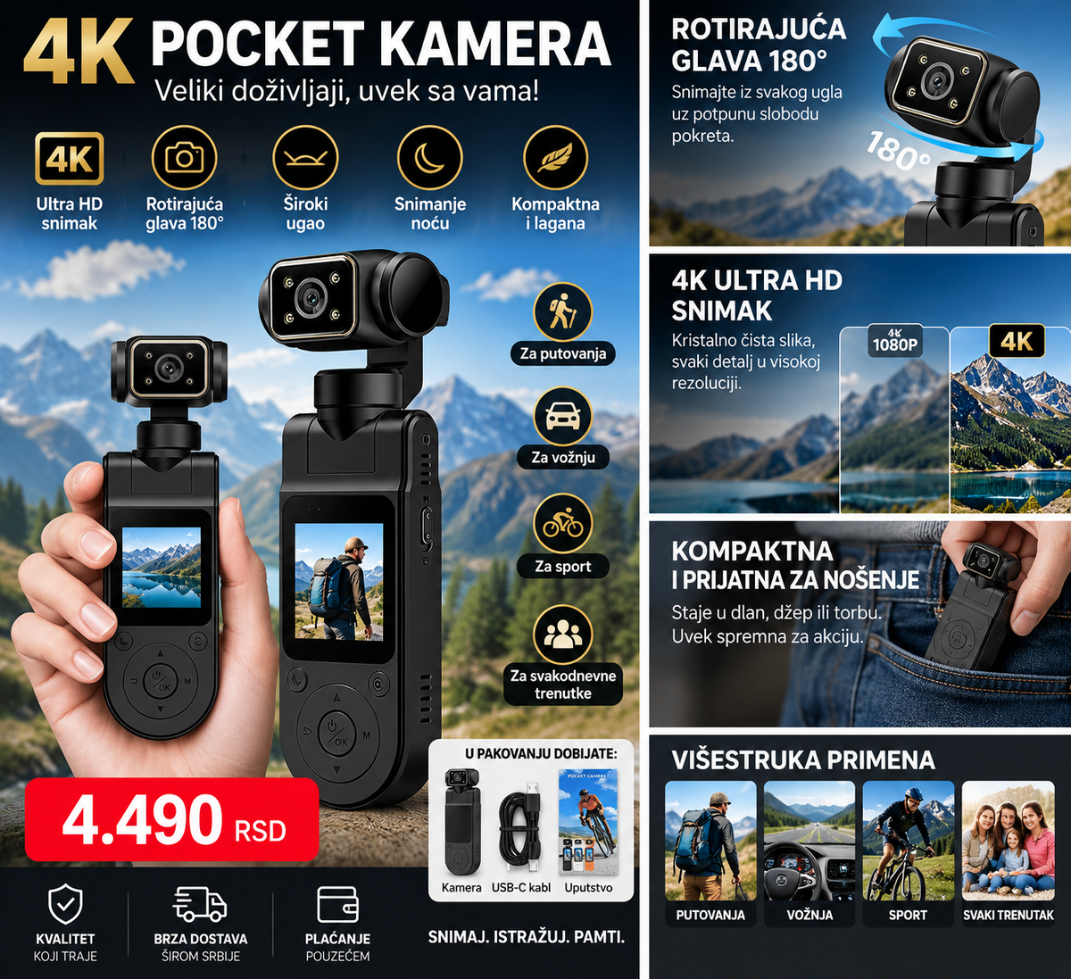 4K pocket kamera sa rotirajućom glavom 180 stepeni