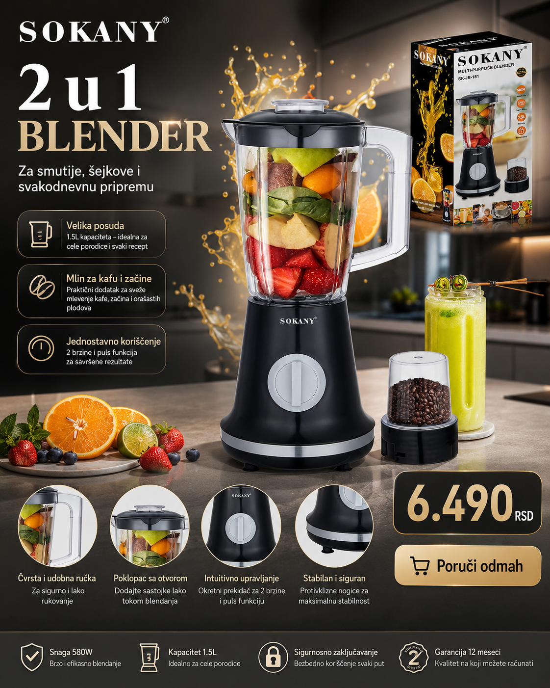 SOKANY BlendPro 2u1 – Blender + mlin za svakodnevnu pripremu | 1.5 L
