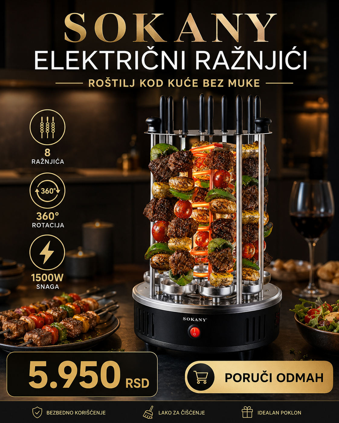 SOKANY Električni roštilj za ražnjiće 1500W – 8 rotirajućih ražnjića | Sočno pečenje bez muke