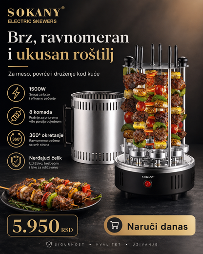 SOKANY Električni roštilj za ražnjiće 1500W – 8 rotirajućih ražnjića | Sočno pečenje bez muke