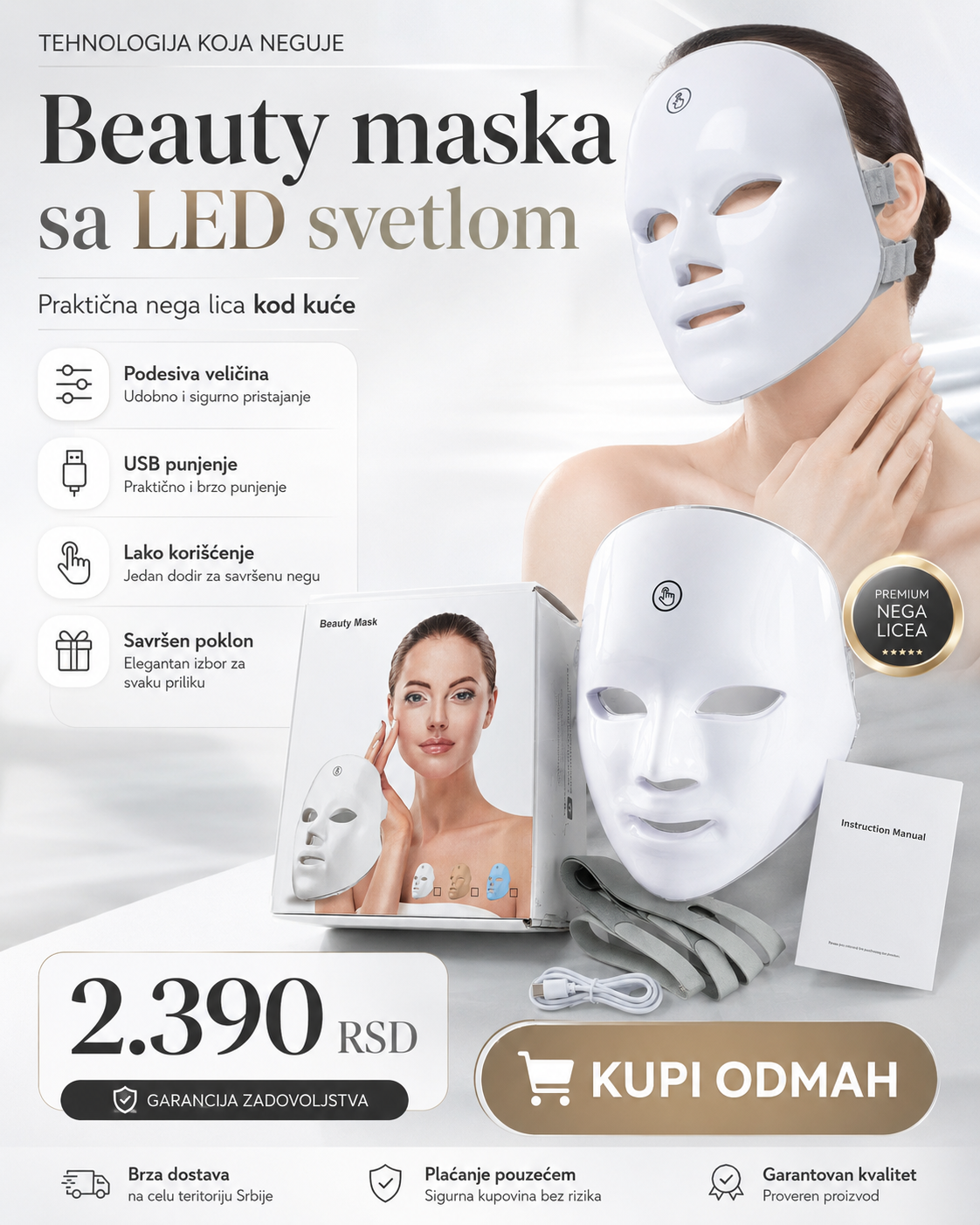 LED Beauty maska za lice – kućna svetlosna nega sa USB punjenjem