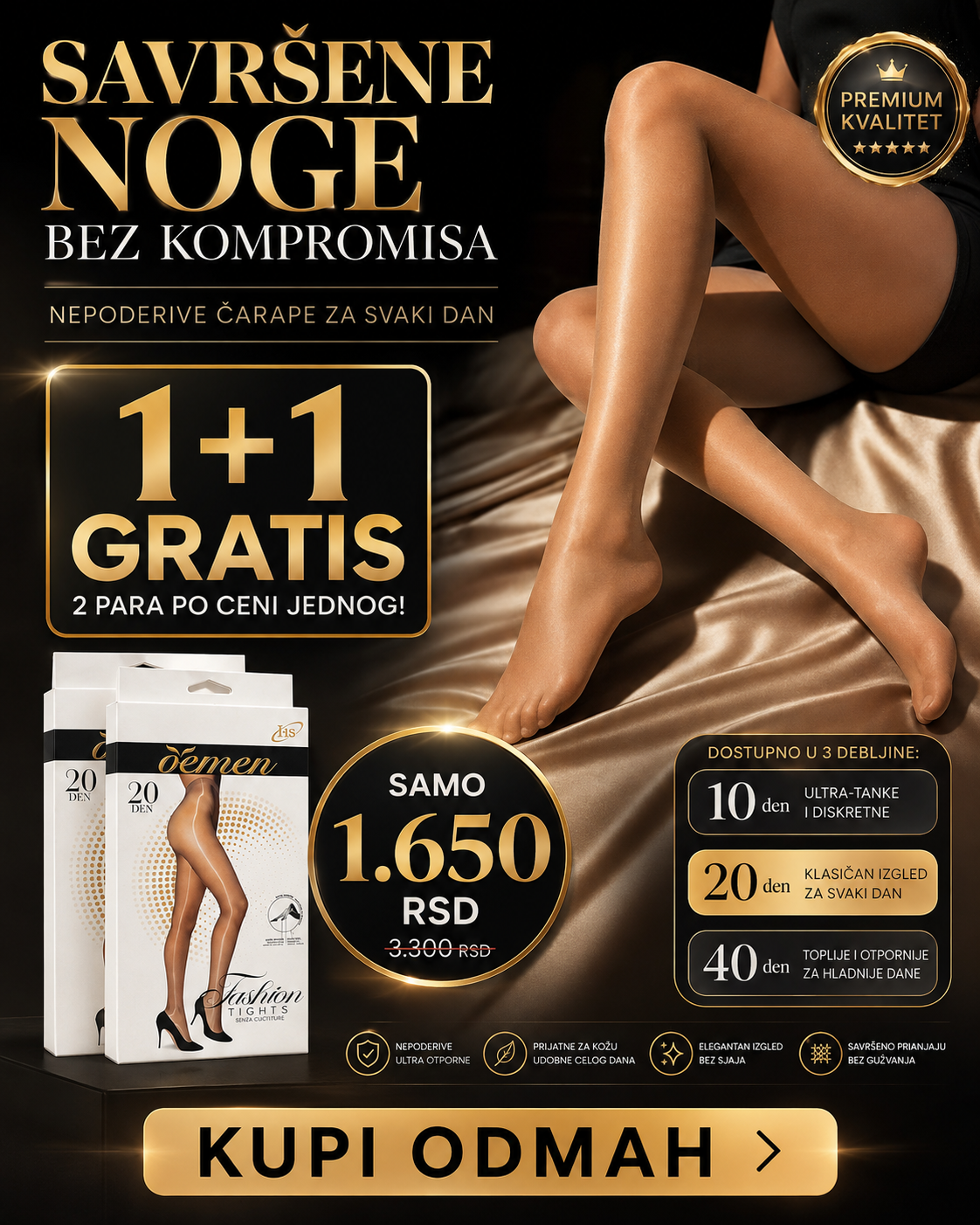 Nepoderive Premium čarape 10/20/40 DEN – elegantne, izdržljive i udobne | 1+1 GRATIS