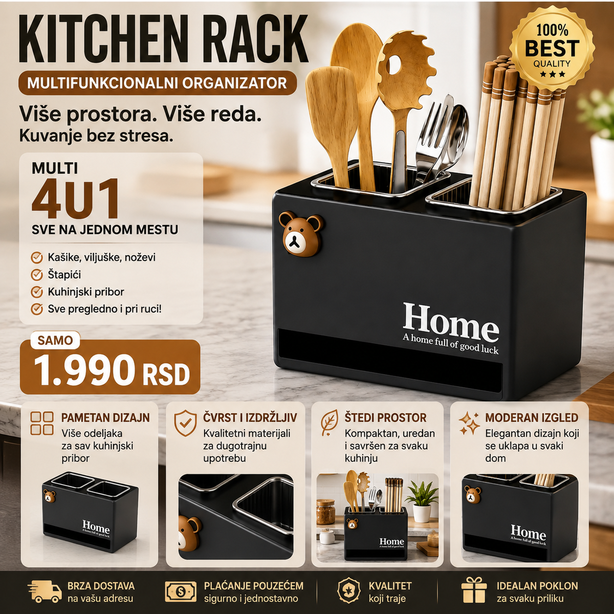 Kitchen Rack Black – elegantni multifunkcionalni organizer za kuhinjski pribor