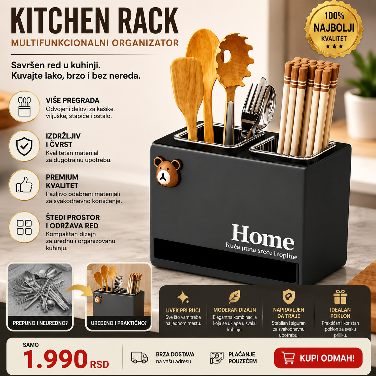 Kitchen Rack Black – elegantni multifunkcionalni organizer za kuhinjski pribor