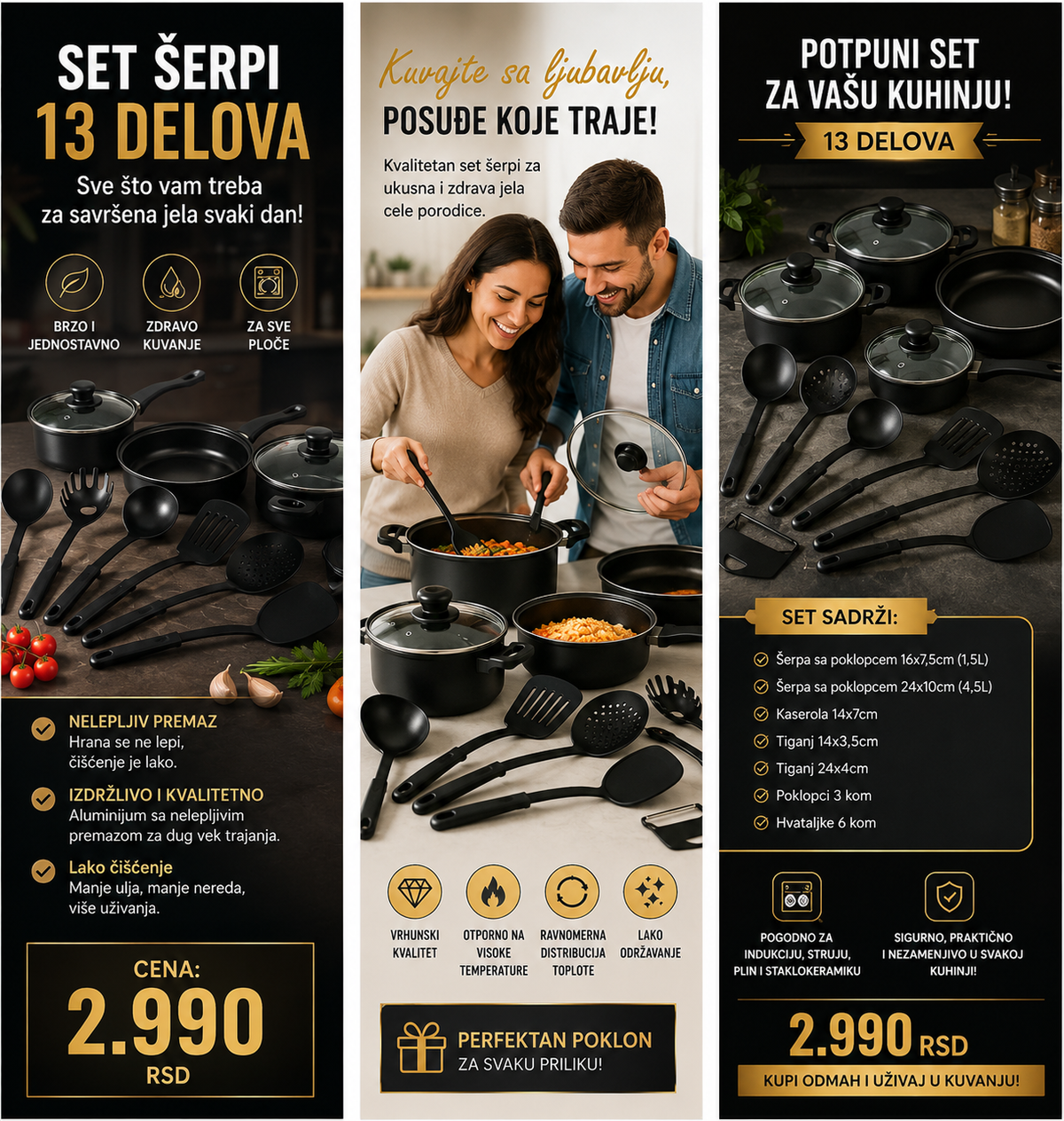 Premium set posuđa 13 delova – šerpe, tiganji, poklopci i kuhinjski pribor