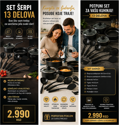 Premium set posuđa 13 delova – šerpe, tiganji, poklopci i kuhinjski pribor