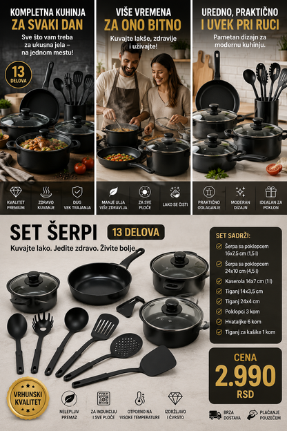 Premium set posuđa 13 delova – šerpe, tiganji, poklopci i kuhinjski pribor