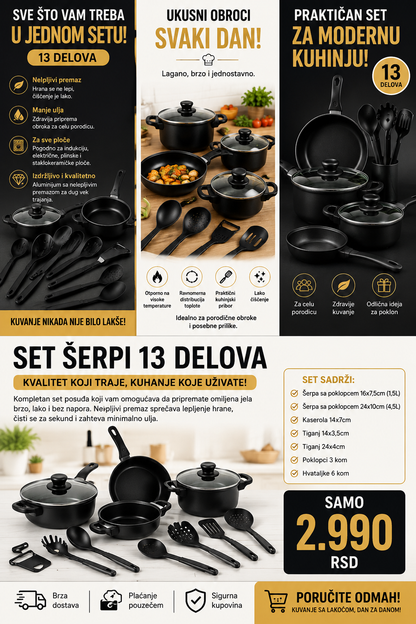 Premium set posuđa 13 delova – šerpe, tiganji, poklopci i kuhinjski pribor