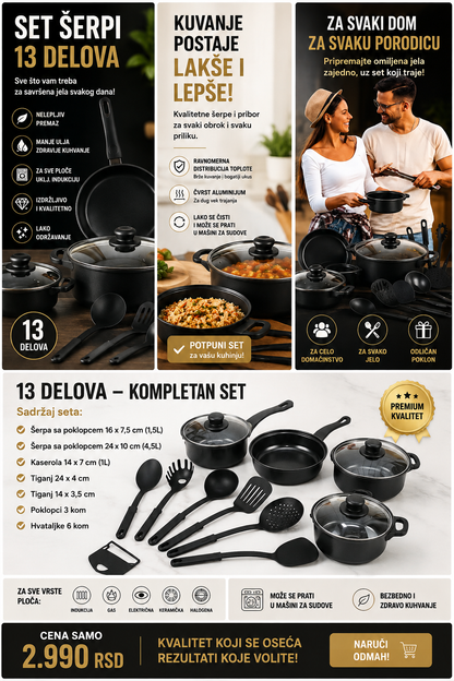 Premium set posuđa 13 delova – šerpe, tiganji, poklopci i kuhinjski pribor