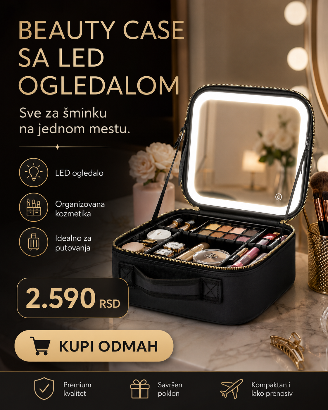 Premium Beauty Case sa LED ogledalom – prenosivi organizer za šminku i kozmetiku