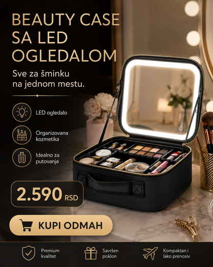 Premium Beauty Case sa LED ogledalom – prenosivi organizer za šminku i kozmetiku