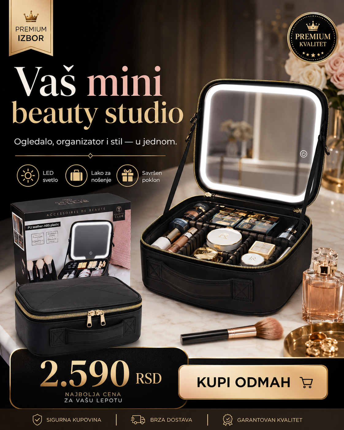 Premium Beauty Case sa LED ogledalom – prenosivi organizer za šminku i kozmetiku