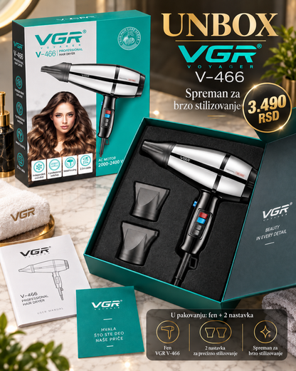 Fen za brzo sušenje i oblikovanje kose 2000–2400W sa 2 nastavka -- PROFESIONALNI PREMIUM -- VGR V-466