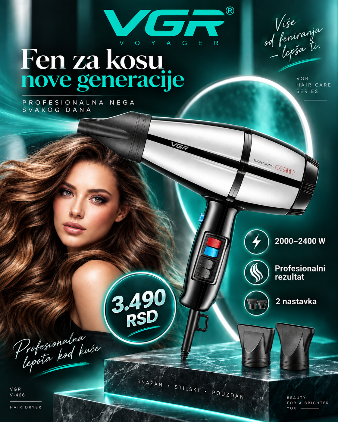 Fen za brzo sušenje i oblikovanje kose 2000–2400W sa 2 nastavka -- PROFESIONALNI PREMIUM -- VGR V-466