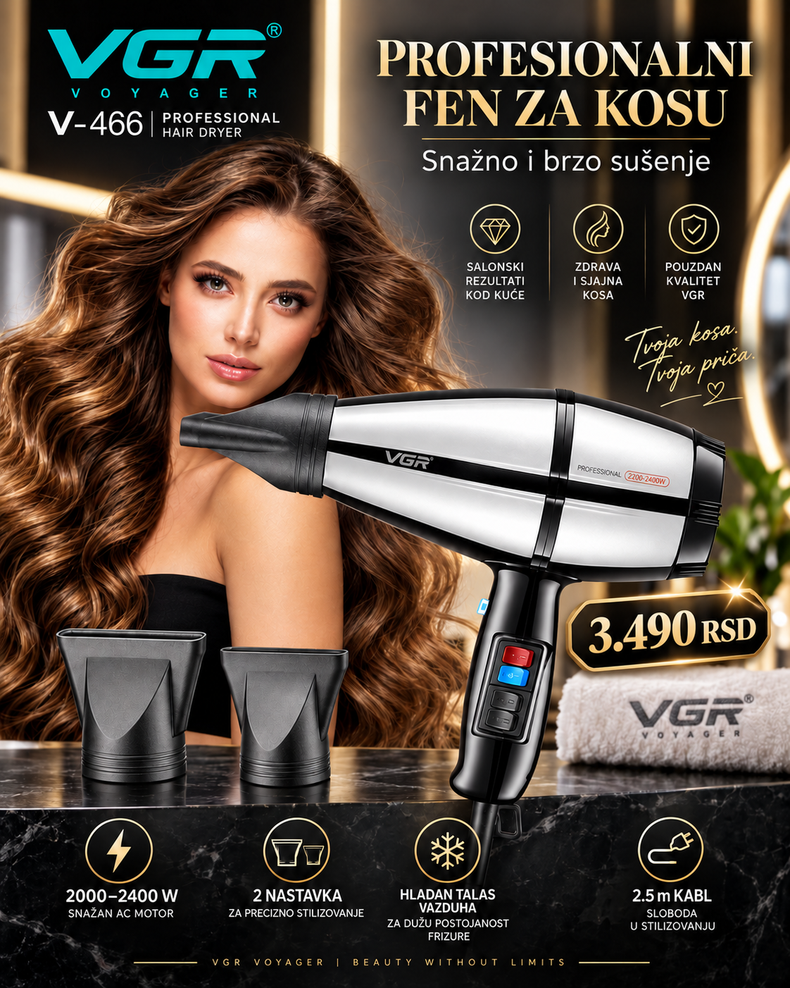Fen za brzo sušenje i oblikovanje kose 2000–2400W sa 2 nastavka -- PROFESIONALNI PREMIUM -- VGR V-466