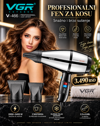 Fen za brzo sušenje i oblikovanje kose 2000–2400W sa 2 nastavka -- PROFESIONALNI PREMIUM -- VGR V-466