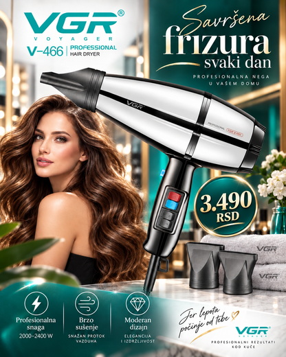 Fen za brzo sušenje i oblikovanje kose 2000–2400W sa 2 nastavka -- PROFESIONALNI PREMIUM -- VGR V-466