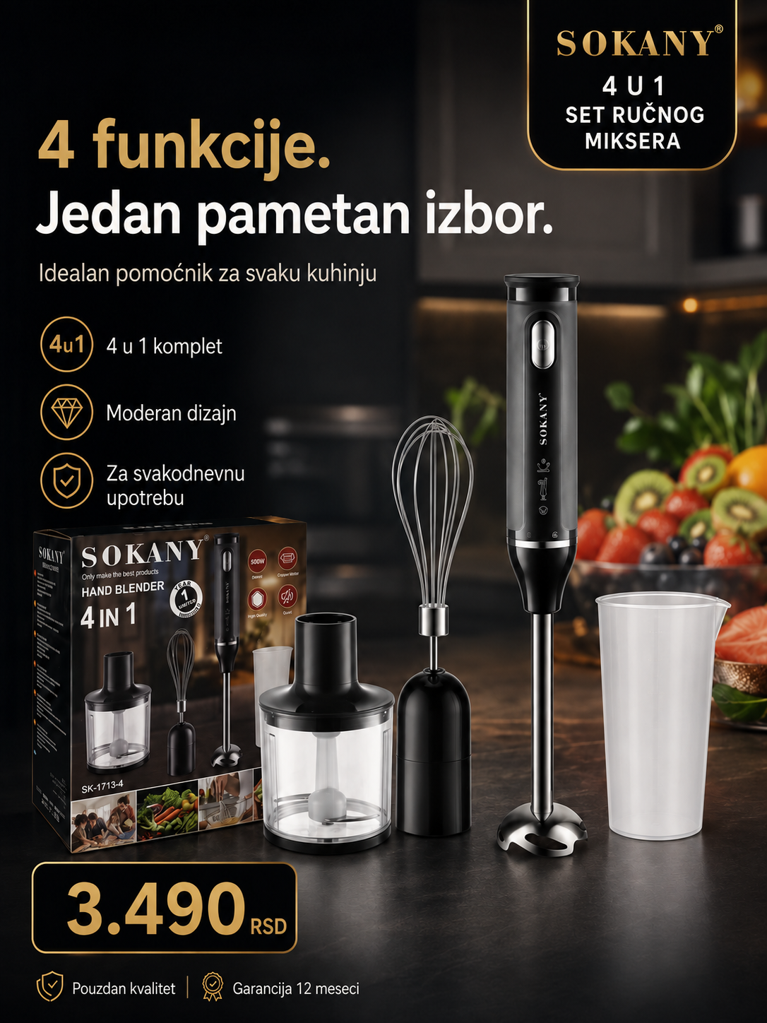 SOKANY 4 u 1 ručni blender set – blender, seckalica, mutilica i posuda