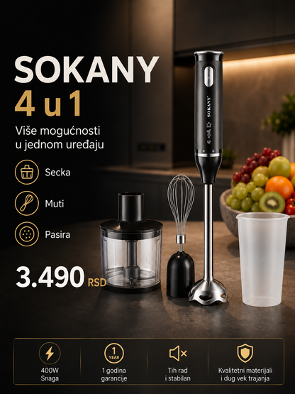 SOKANY 4 u 1 ručni blender set – blender, seckalica, mutilica i posuda