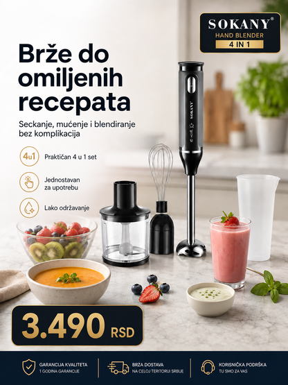 SOKANY 4 u 1 ručni blender set – blender, seckalica, mutilica i posuda