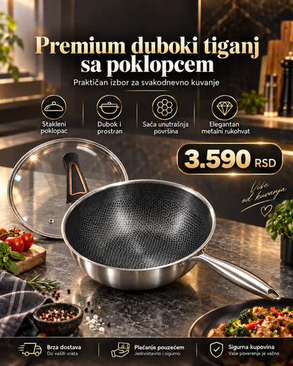 Duboki tiganj sa saćastom površinom za prženje, dinstanje i kuvanje -- PREMIUM DELUXE -- Model sa staklenim poklopcem