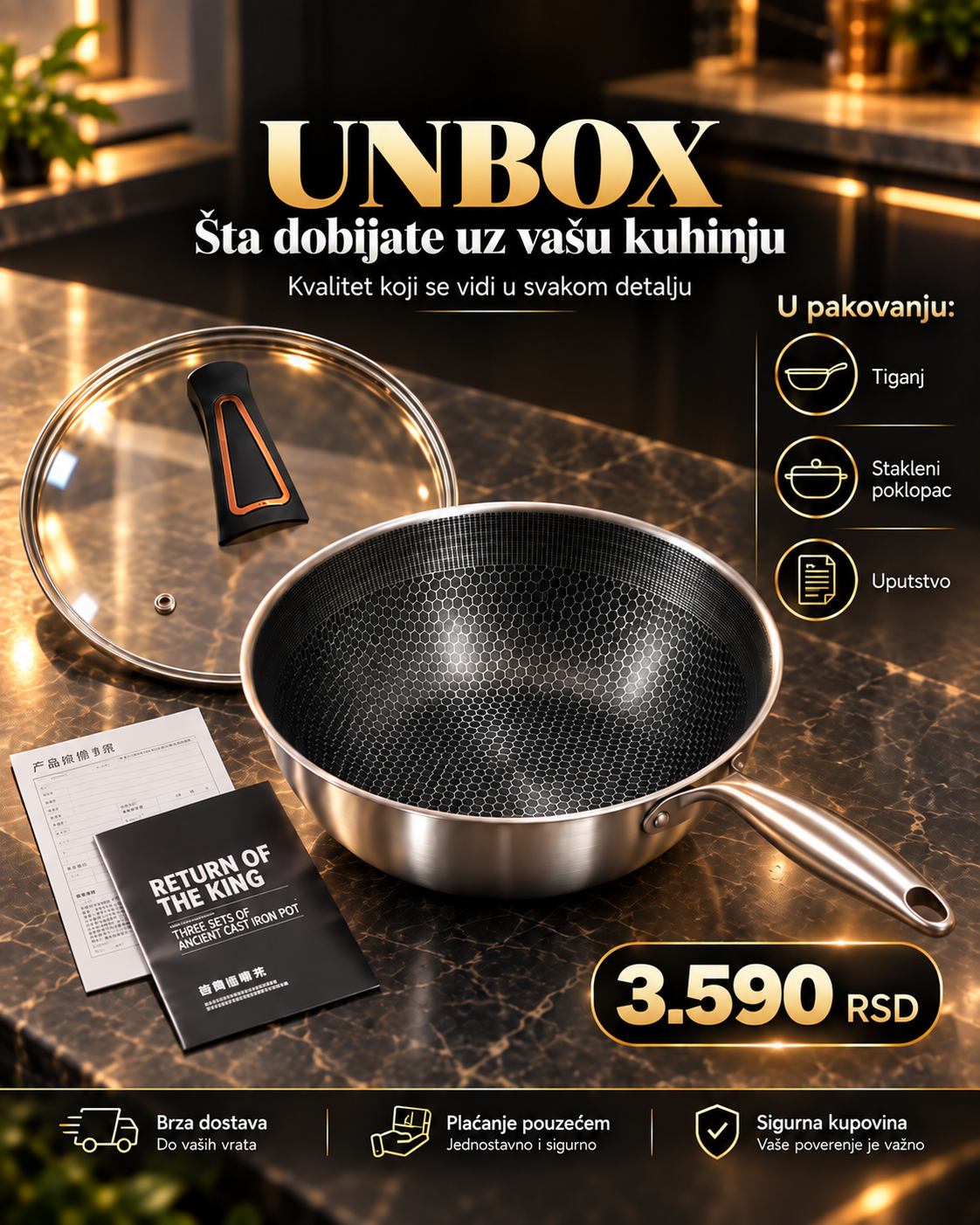 Duboki tiganj sa saćastom površinom za prženje, dinstanje i kuvanje -- PREMIUM DELUXE -- Model sa staklenim poklopcem