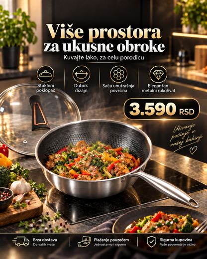 Duboki tiganj sa saćastom površinom za prženje, dinstanje i kuvanje -- PREMIUM DELUXE -- Model sa staklenim poklopcem