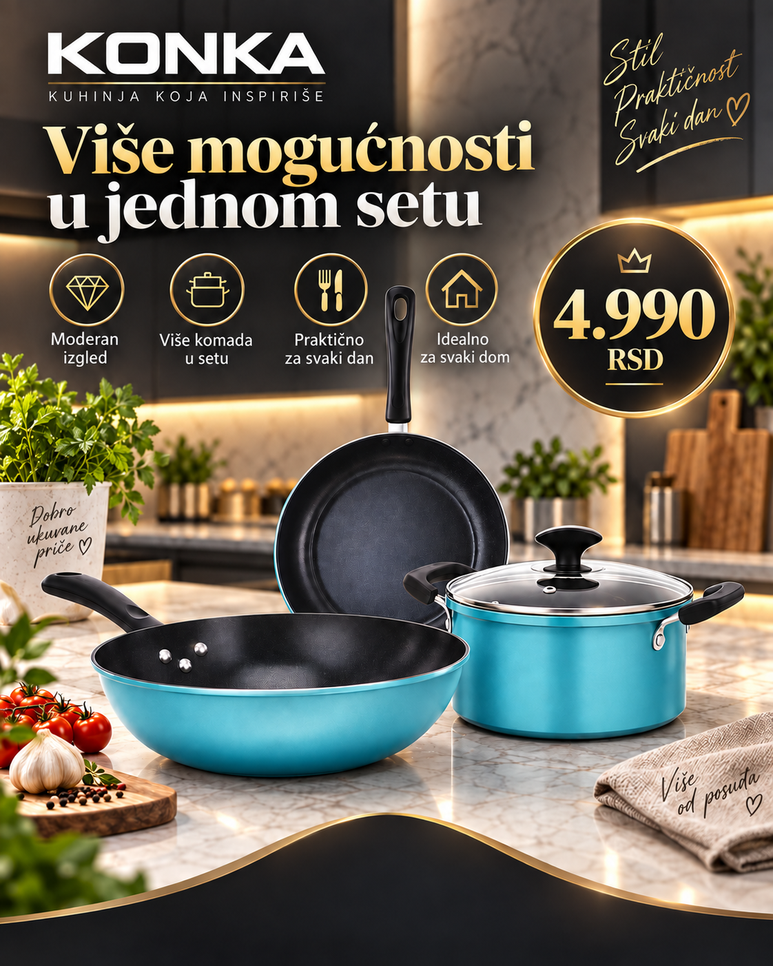 3-delni set posuđa za prženje, kuvanje i svakodnevnu pripremu obroka -- PREMIUM DELUXE -- KONKA