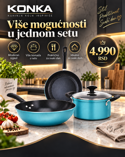 3-delni set posuđa za prženje, kuvanje i svakodnevnu pripremu obroka -- PREMIUM DELUXE -- KONKA