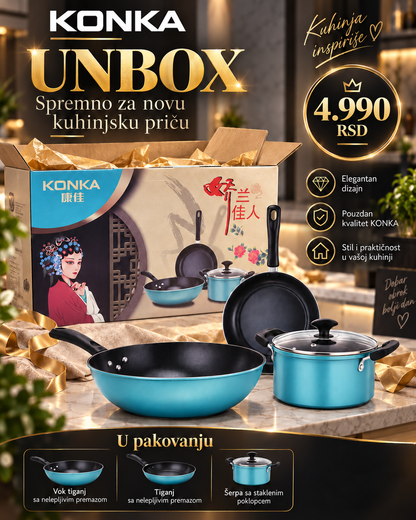 3-delni set posuđa za prženje, kuvanje i svakodnevnu pripremu obroka -- PREMIUM DELUXE -- KONKA