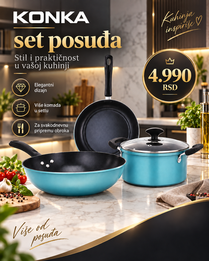 3-delni set posuđa za prženje, kuvanje i svakodnevnu pripremu obroka -- PREMIUM DELUXE -- KONKA