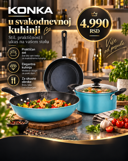 3-delni set posuđa za prženje, kuvanje i svakodnevnu pripremu obroka -- PREMIUM DELUXE -- KONKA
