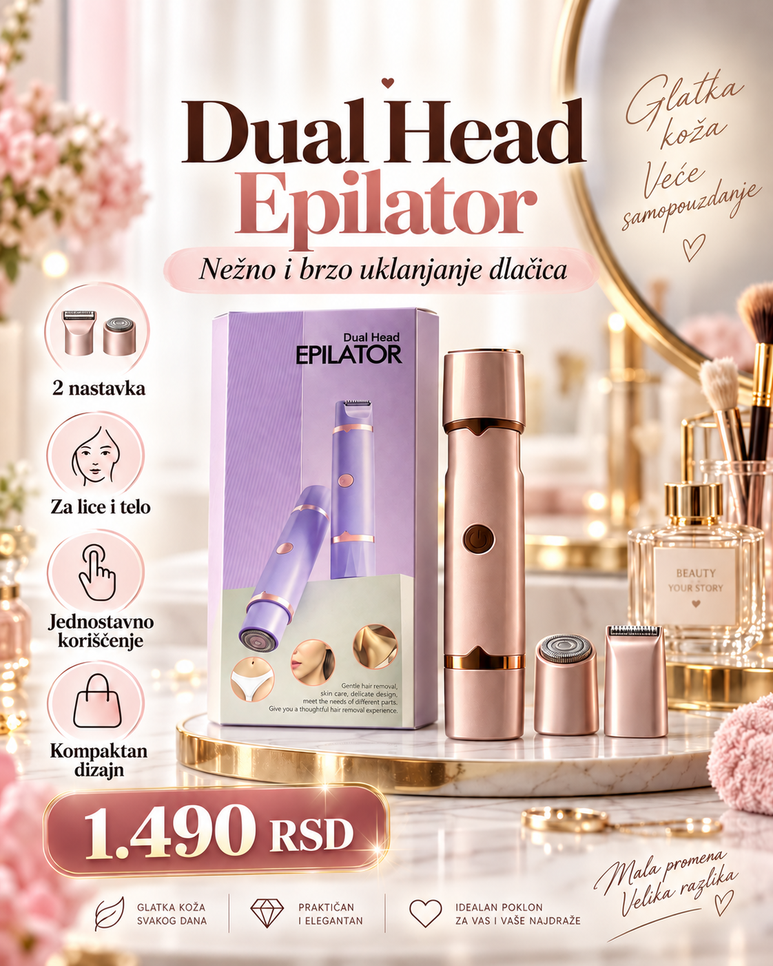 2-u-1 epilator za uklanjanje dlačica sa lica i tela -- PREMIUM PROFESIONALNI -- Dual Head Epilator